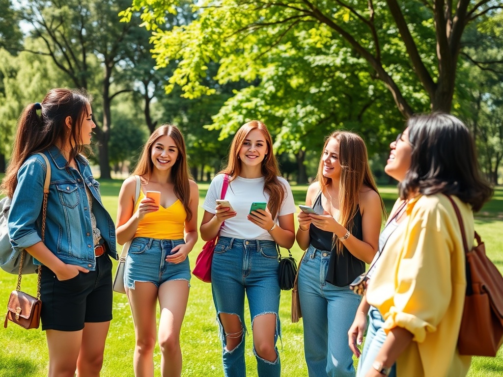 Un grup de fete socializează într-un parc, zâmbind și folosind telefoanele mobile. Atmosferă prietenoasă.
