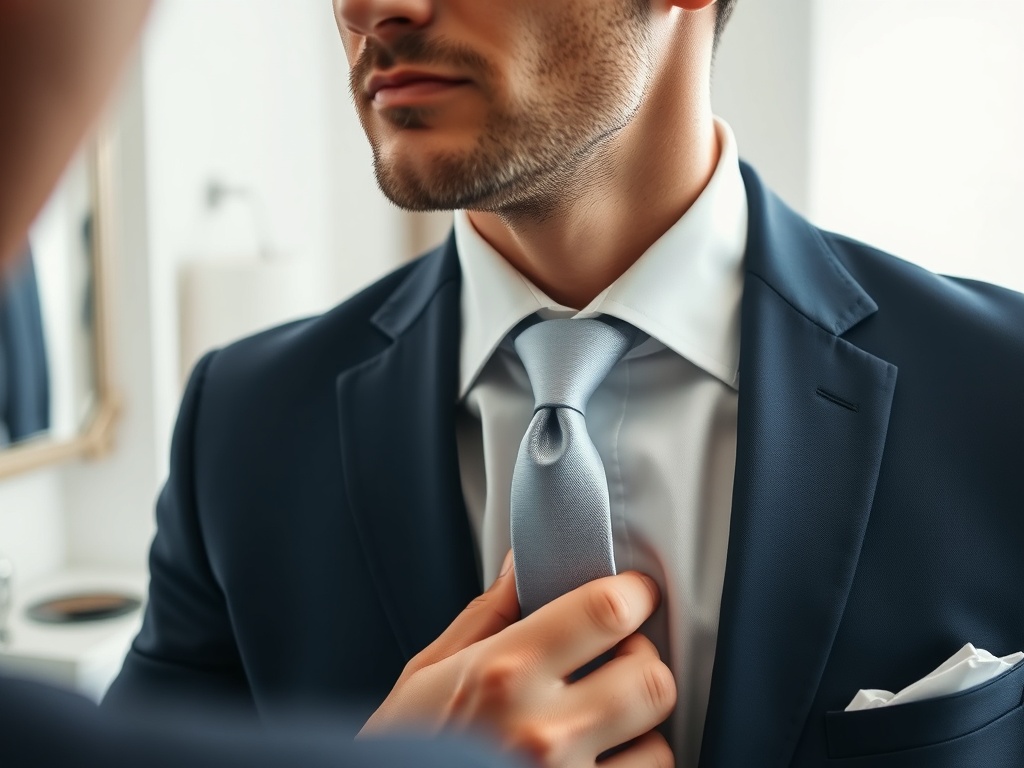 Un bărbat îmbrăcat elegant, ajustând cravata în fața unei oglinzi.