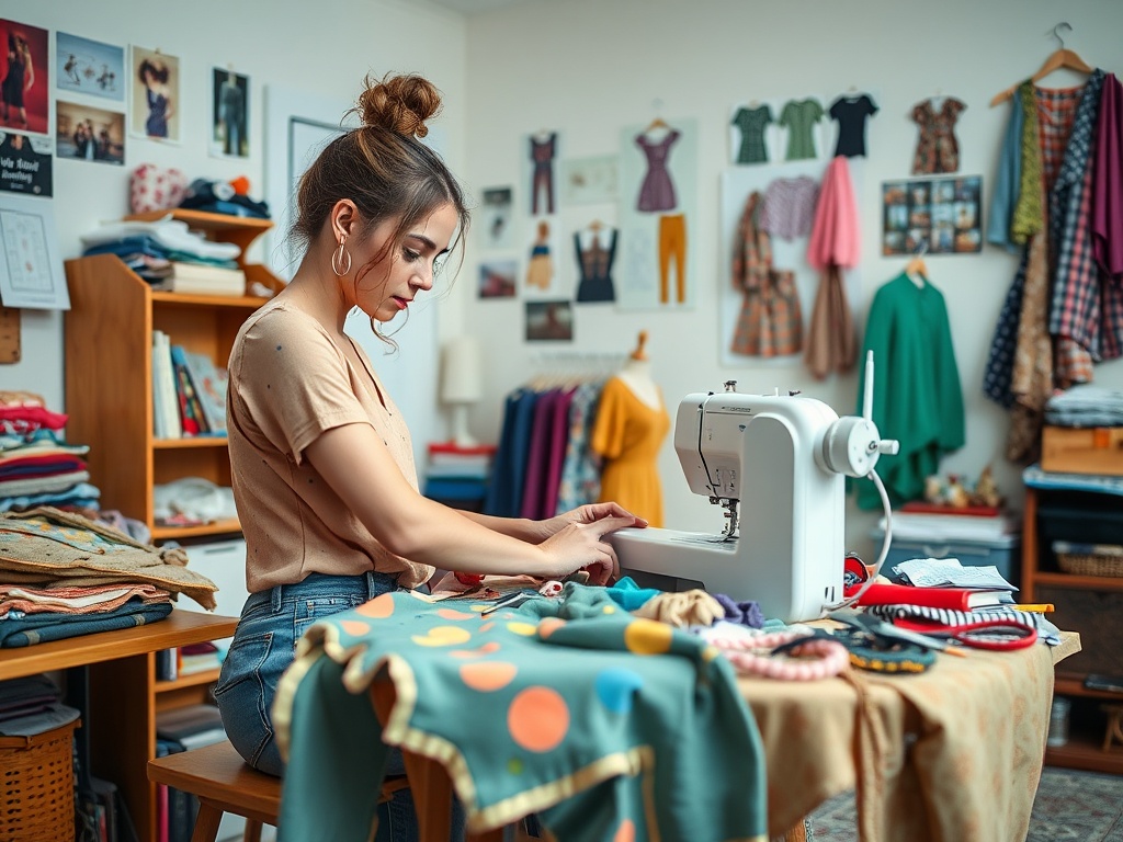 O tânără coase cu mașina de cusut într-un atelier plin de materiale textile și rânduri de haine colorate.
