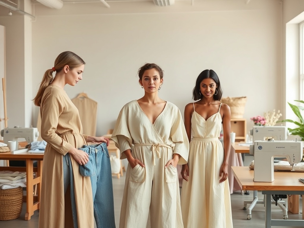 Trei femei îmbrăcate în rochii elegante, într-un atelier de modă, înconjurate de mașini de cusut.