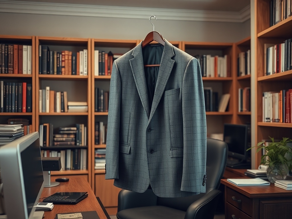Un costum gri este agățat pe un umeraș într-un birou cu cărți și un computer.