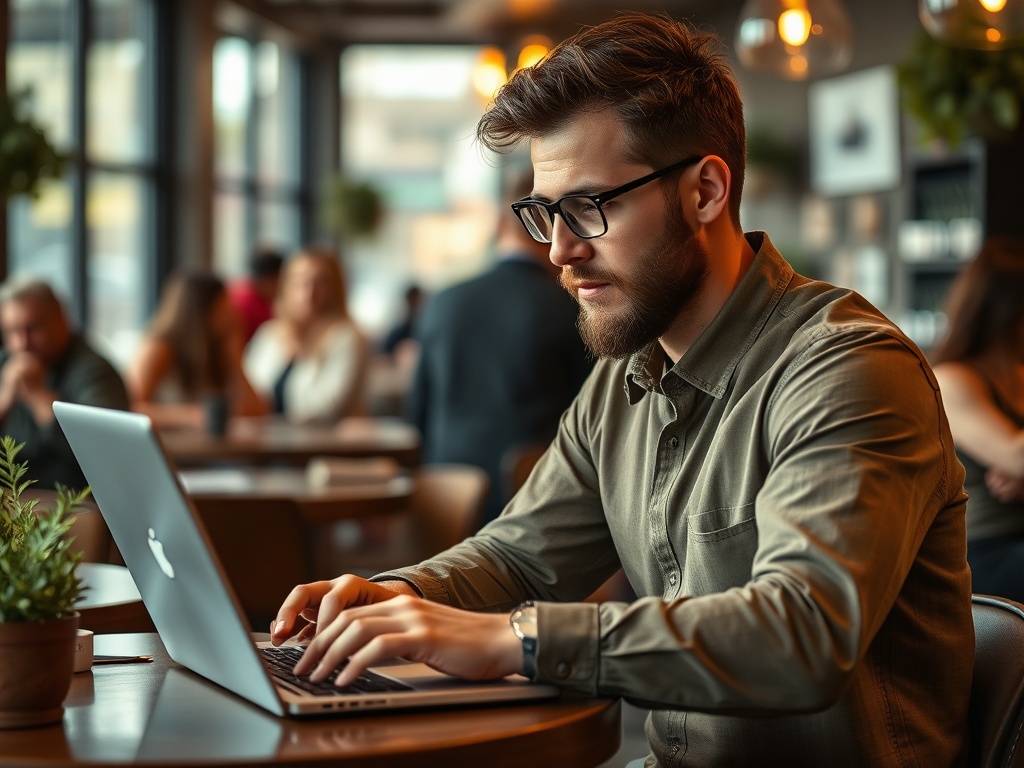 Bărbat tânăr lucrând pe un laptop într-o cafenea, concentrat pe activitatea sa, înconjurat de oameni.