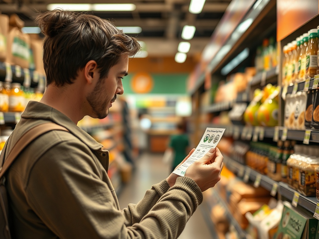 Tânărul citește o etichetă într-un supermarket, studiu atent al produselor de pe rafturi.