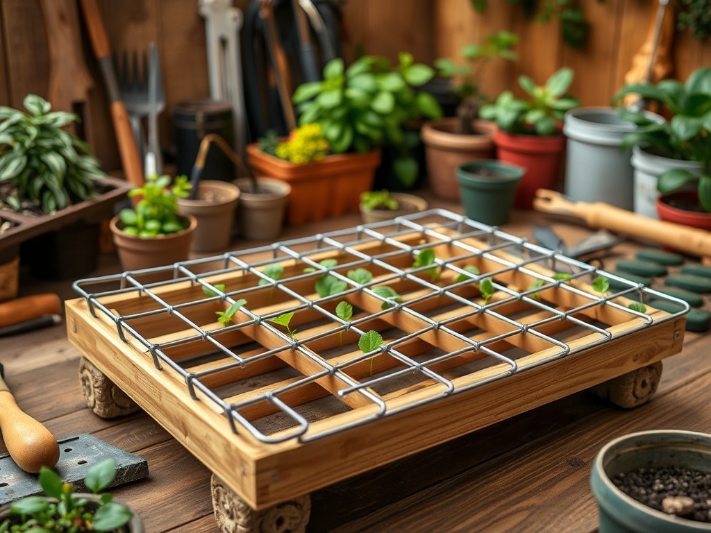 O masă de lucru din lemn cu plante în ghivece și un grid metalic pentru seminte, într-un spațiu de grădinărit.