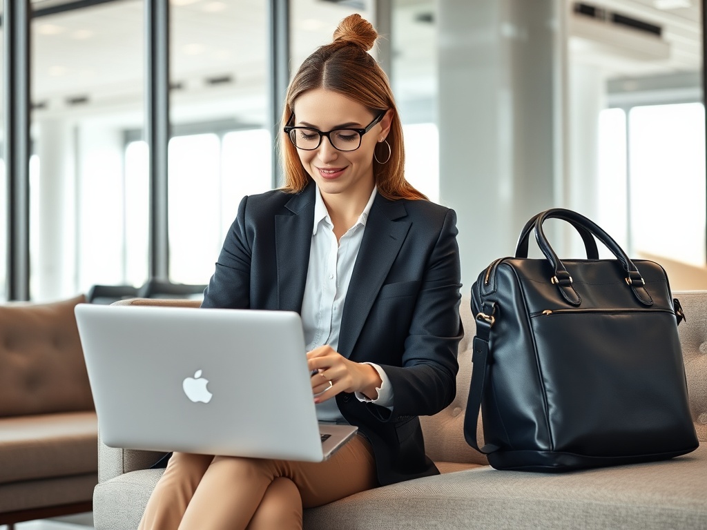 Femeie îmbrăcată elegant, lucrând pe laptop în birou, cu o geantă mare lângă ea.
